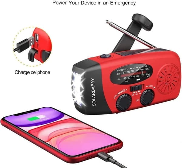 Krankradio med solceller, LED lommelygte og 2000mAh Power Bank SOS