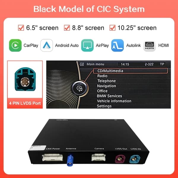 Langaton CarPlay, Android Auto Mirror Link, AirPlay Car Play -navigointi, CIC-Black
