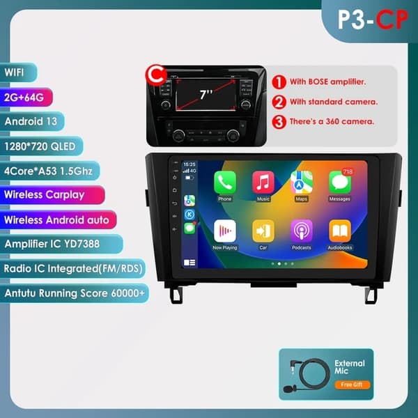 Auton radio GPS, 4G-yhteys, Android 12 -käyttöjärjestelmä, P3CP 4Core 2G 64G AB