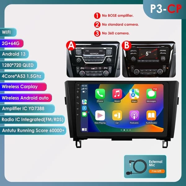 Auton radio GPS, 4G-yhteys, Android 12 -käyttöjärjestelmä, P3CP 4Core 2G 64G AB