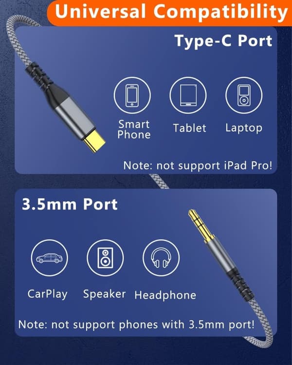 NÖRDIC 1,2 m USB-C till 3,5 mm hörlursutgång AUX-kabel