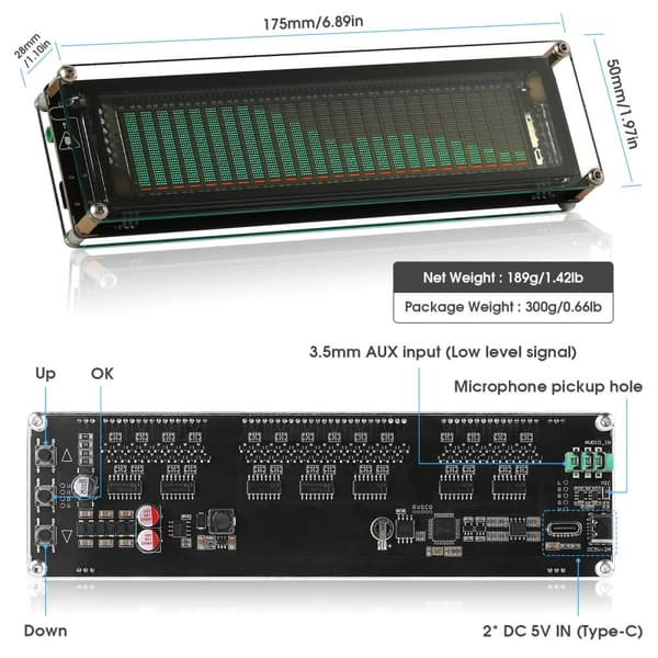 Audio Spektrum Analyzer, VFD Skærm, Justerbare Indstillinger