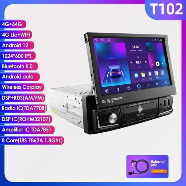Bilradio, Android 12-kompatibilitet, manuell utdragbar skärm, T102-4G 64G-8kärnor