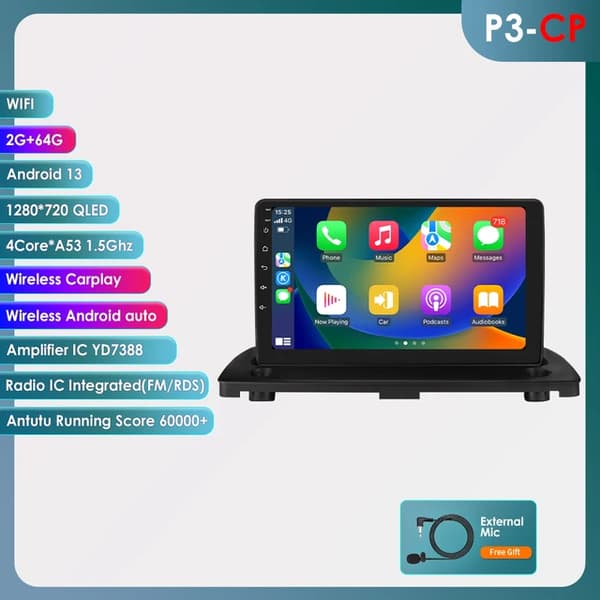 Android-autostereo, GPS-navigointi, monimediasoitin, 4 ydintä 2G 64G-P3CP