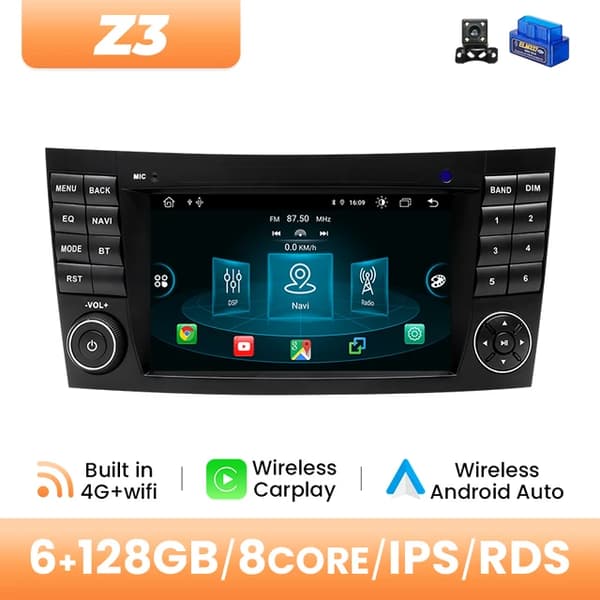 Langaton Carplay-autoradiosoitin, AI-ääninavigointi, Mercedes Benz -yhteensopivuus, 6GB 128GB OBD-kamera