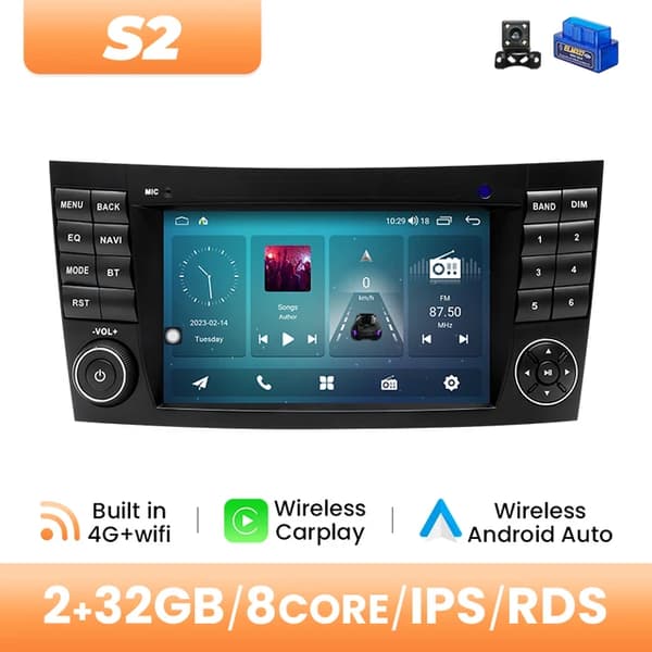 Trådlös Carplay bilradio, AI-röstnavigering, kompatibilitet med Mercedes Benz, 2GB 32GB OBD-kamera