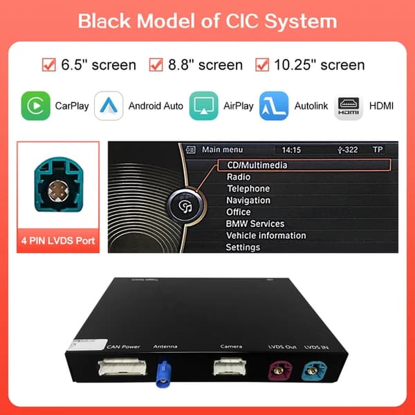 Langaton CarPlay, Android Auto Mirror Link, AirPlay Car Play -navigointi, CIC-Black