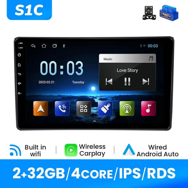 Carplay Autoradioafspiller, Trådløs Forbindelse, Android 12 Operativsystem, S1C(2G 32G)OBD Cam