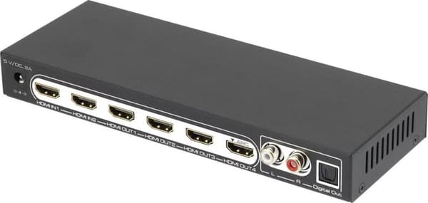 SpeaKa Professional 4 porte HDMI splitter + lydporte, + fjernbetjening 3840 x 2160 pixel Sort