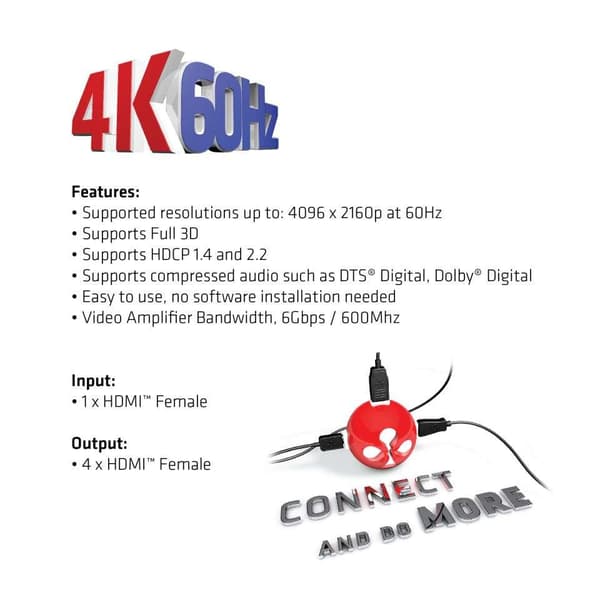 CLUB3D HDMI™ 4K@60Hz UHD Splitter AC Power 4 portar