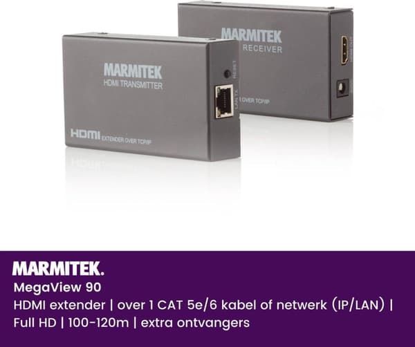 Marmitek MegaView 90 HDMI-förlängare | över 1 CAT 5e/6-kabel eller nätverk (IP/LAN) | Full HD | 100-120m |