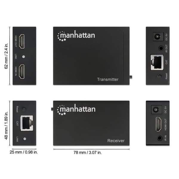 Manhattan HDMI over Ethernet Extender Kit (HDMI-signalförlängning (1080p upp till 50m) via en Cat6 nätverkskabel/infrarött stöd) 207461