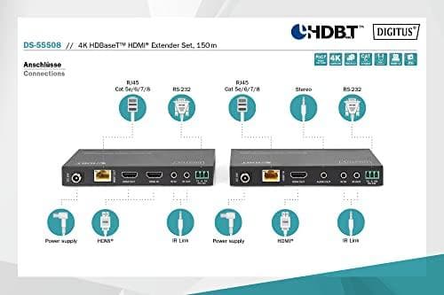 DIGITUS DS-55508 - Lähetin ja vastaanotin - Video-, audio-, infrapuna- ja sarjalaajennus - HDMI, HDBaseT - CAT 5e/6/7/8 kautta - jopa 150 m