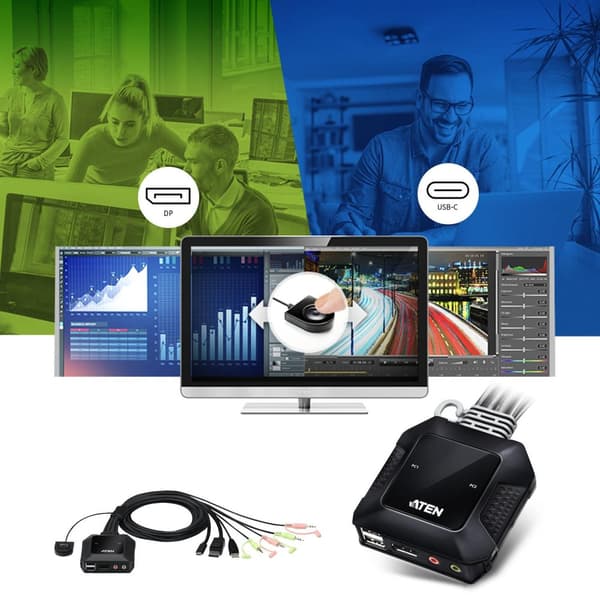 ATEN 2-portars USB-C DisplayPort-kabel KVM-switch - 4096 x 2160 pixlar - 4K Ultra HD - 0,74 W - Svart (CS52DP)