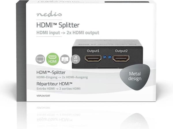 Nedis HDMI™ Splitter | 2 port(ar) | HDMI™-ingång | 2x HDMI™-utgång | 4K@60Hz | 18 Gbps | Metall | antracit