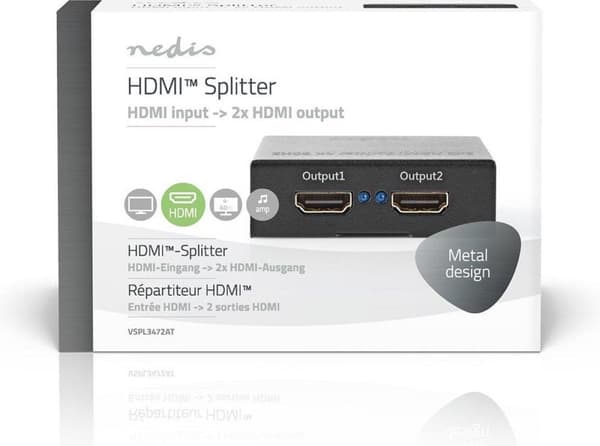 Nedis HDMI™ Splitter | 2 port(ar) | HDMI™-ingång | 2x HDMI™-utgång | 4K@60Hz | 18 Gbps | Metall | antracit