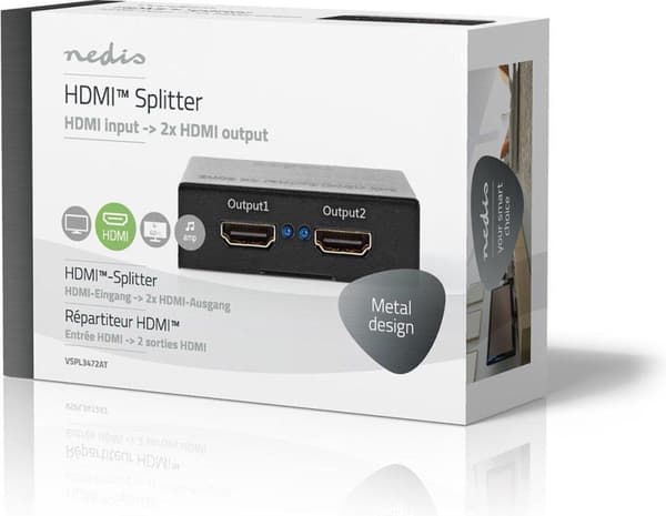 Nedis HDMI™ Splitter | 2 port(ar) | HDMI™-ingång | 2x HDMI™-utgång | 4K@60Hz | 18 Gbps | Metall | antracit