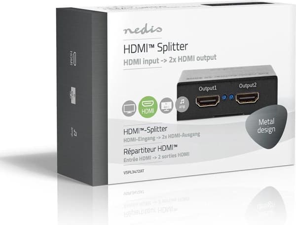 Nedis HDMI™ Splitter | 2 port(ar) | HDMI™-ingång | 2x HDMI™-utgång | 4K@60Hz | 18 Gbps | Metall | antracit
