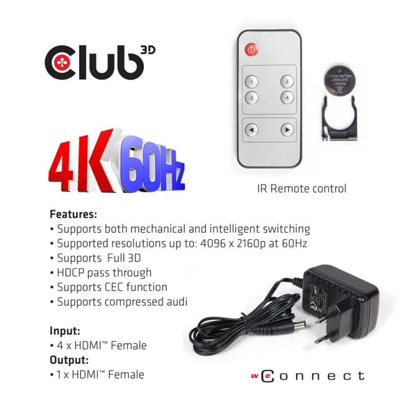 club3D CSv-1370 4 porte HDMI Switch 4096 x 2160 Pixel