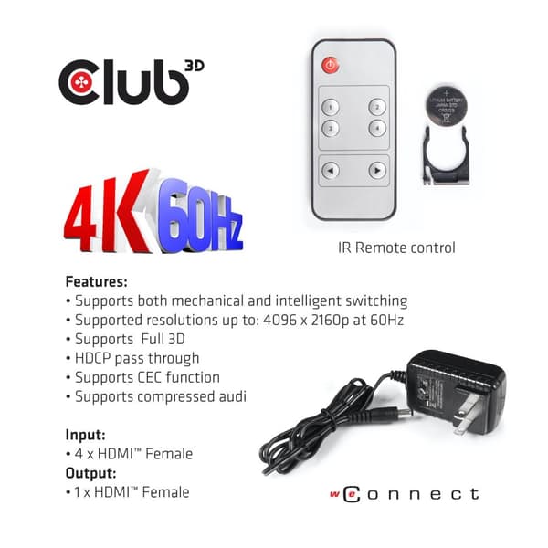 club3D CSv-1370 4 porte HDMI Switch 4096 x 2160 Pixel