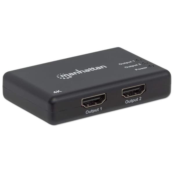 Manhattan-Products 2-porttinen virtalähde - HDMI-jakaja 4K-resoluutiolla (30 Hz) jopa 340 MHz kaistanleveyteen, integroitu signaalivahvistin - musta