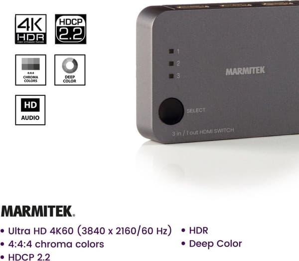 Marmitek HDMI Switch - Connect 310 UHD 2.0 - HDMI Switch 4K - HDMI Switch 3 portar - CEC - EDID