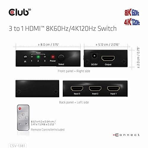 Club3D HDMI Switchbox 3 indgange -> 1 udgang 8K60Hz UHD detail (CSV-1381)