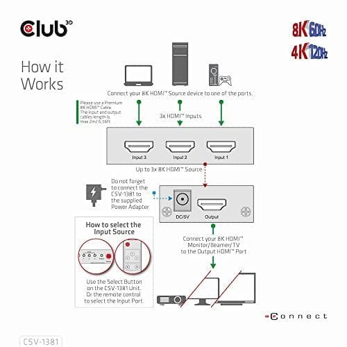Club3D HDMI Switchbox 3 indgange -> 1 udgang 8K60Hz UHD detail (CSV-1381)