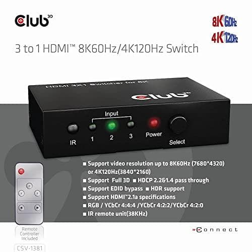 Club3D HDMI Switchbox 3 indgange -> 1 udgang 8K60Hz UHD detail (CSV-1381)