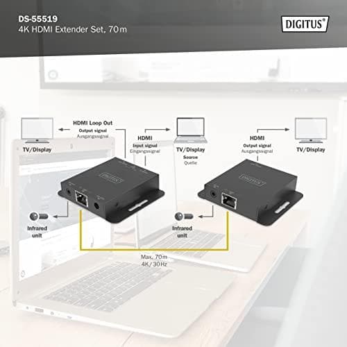 Digitus 4K HDMI Extender Set - 70 m - 3840 x 2160 pixlar - AV-sändare & mottagare - 70 m - Kabelansluten - Svart - HDCP (DS-55519)