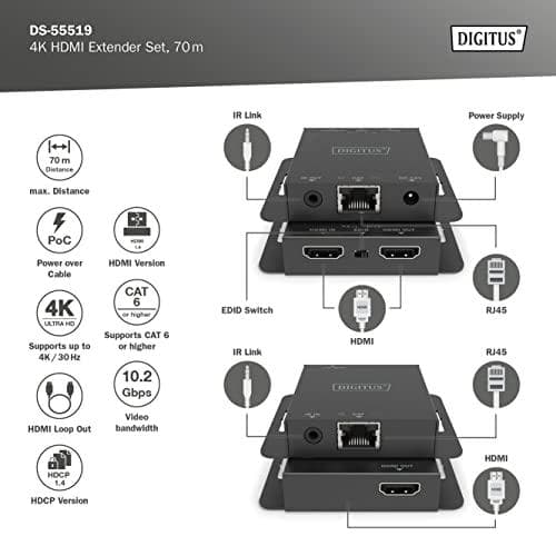 Digitus 4K HDMI Extender Set - 70 m - 3840 x 2160 pixlar - AV-sändare & mottagare - 70 m - Kabelansluten - Svart - HDCP (DS-55519)