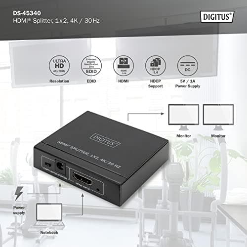 Digitus HDMI Splitter - 1x2 - 4K / 30 Hz - HDMI - 2x HDMI - 1.4b - 3840 x 2160 pixlar - svart - metall (DS-45340)