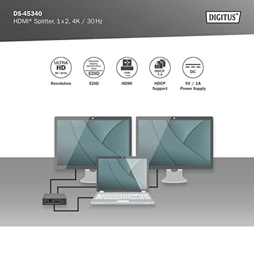 Digitus HDMI Splitter - 1x2 - 4K / 30 Hz - HDMI - 2x HDMI - 1.4b - 3840 x 2160 pixlar - svart - metall (DS-45340)