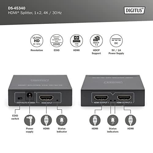 Digitus HDMI Splitter - 1x2 - 4K / 30 Hz - HDMI - 2x HDMI - 1.4b - 3840 x 2160 pixlar - svart - metall (DS-45340)
