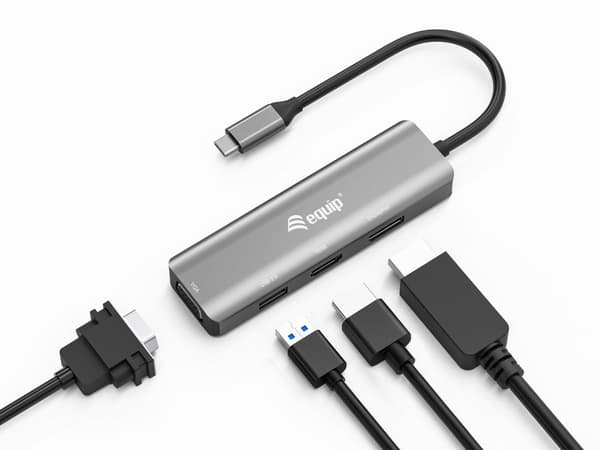 udstyr - Videoadapter - 24-bens USB-C han til USB, HD-15 (VGA), HDMI, DisplayPort hun - 15 cm - sølv - understøtter 4K 60 Hz (3840 x 2160), understøtt