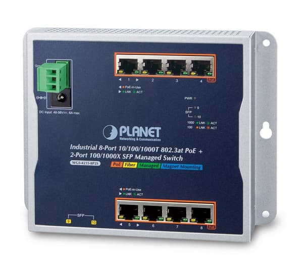Planet IP30, IPv6/IPv4, 8-porttia 1000T, WGS-4215-8P2S musta