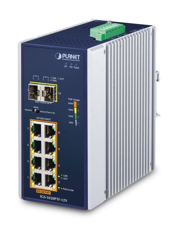 Planet IP30 Ind 8-P 10/100/1000T, IGS-1020PTF-12V Sininen, Valkoinen