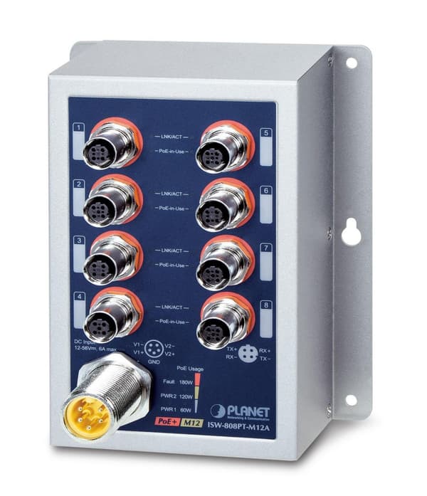 Planet IP50 Ind 8-portars 10/100TX M12 ohanterad PoE+-switch (802.3at) blågrå, ISW-808PT-M12A Blå, Grå