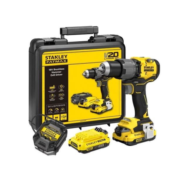 Sladdlös slagborrmaskin + 2 x 2Ah batterier + laddare - 18V - Stanley Fatmax - Borstlös - SFMCD725D2K-QW