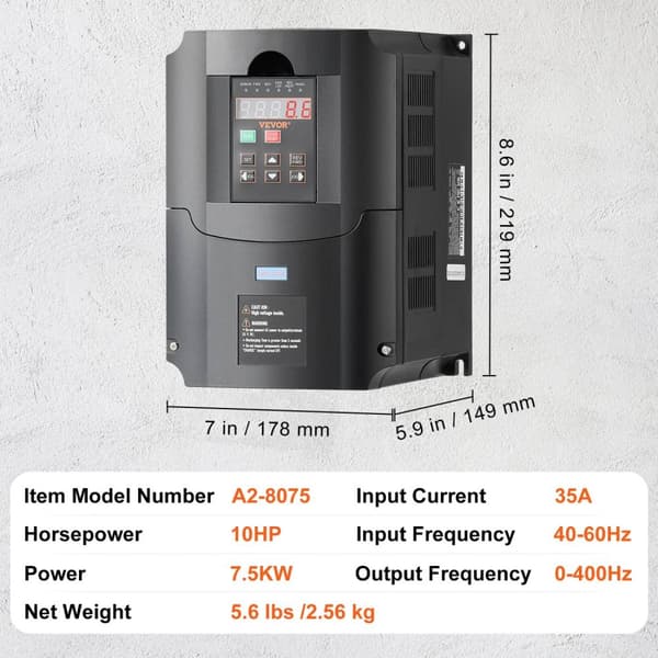 VEVOR Frekvensomformer, 10HK Effektudgang, 0-400Hz Frekvenskontrol,7,5 kW