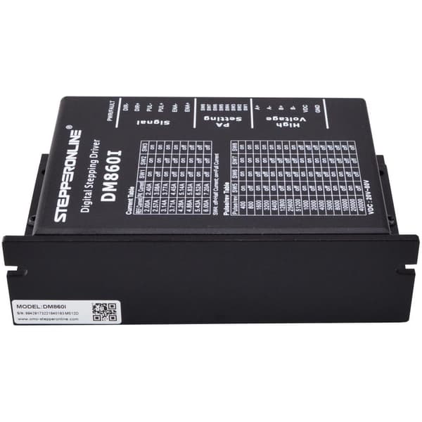Stepper motor driver, indgangsspænding 20-80V, mikrostepping 400-51200, CE- og RoHS-certificeret.