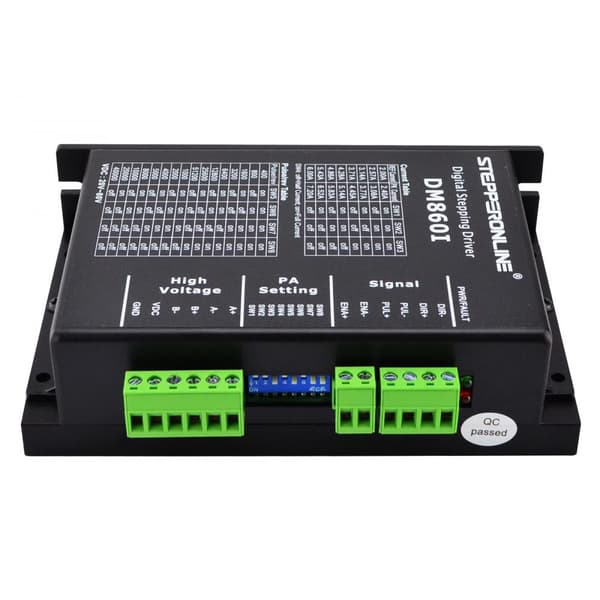 Stepper motor driver, indgangsspænding 20-80V, mikrostepping 400-51200, CE- og RoHS-certificeret.
