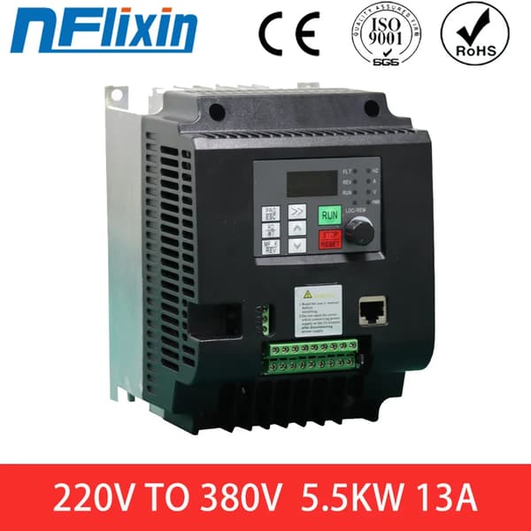 VFD AC Frekvensomformer, Udgangeffektområde: 0,75KW-11KW, Nominel strøm: 2,5A-25A,5.5KW, 1 fase 220V, 3 fase 380V