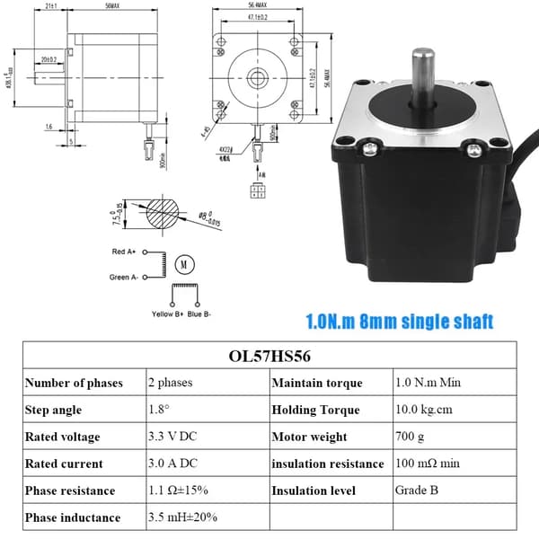 Nema23 Stepper Motor, 1,0 N.m Moment, 3A Strøm,8mm Enkelt 1.0N.m
