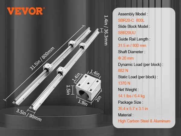 VEVOR Linjär Guide Rails Set, Hög Lastkapacitet, Hållbar Aluminium- och Stålstruktur,SBR20 800MM