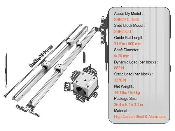 VEVOR Linjär Guide Rails Set, Hög Lastkapacitet, Hållbar Aluminium- och Stålstruktur,SBR20 800MM