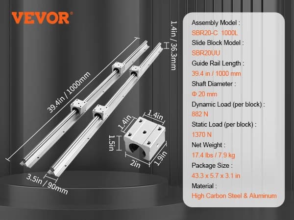 VEVOR Linjär Guide Rails Set, Hög Lastkapacitet, Hållbar Aluminium- och Stålstruktur,SBR20 1000MM