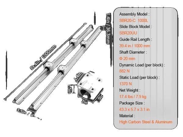 VEVOR Linjär Guide Rails Set, Hög Lastkapacitet, Hållbar Aluminium- och Stålstruktur,SBR20 1000MM
