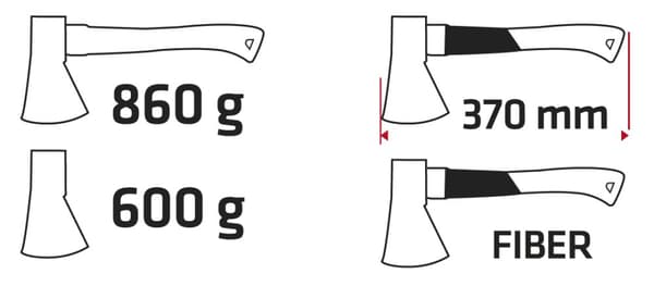 Økse 860 g, hoved 600 g, fiberskaft