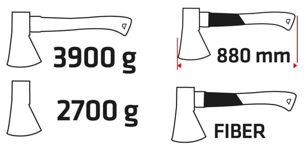 Økse 3900 g, hoved 2700 g, fiberskaft
